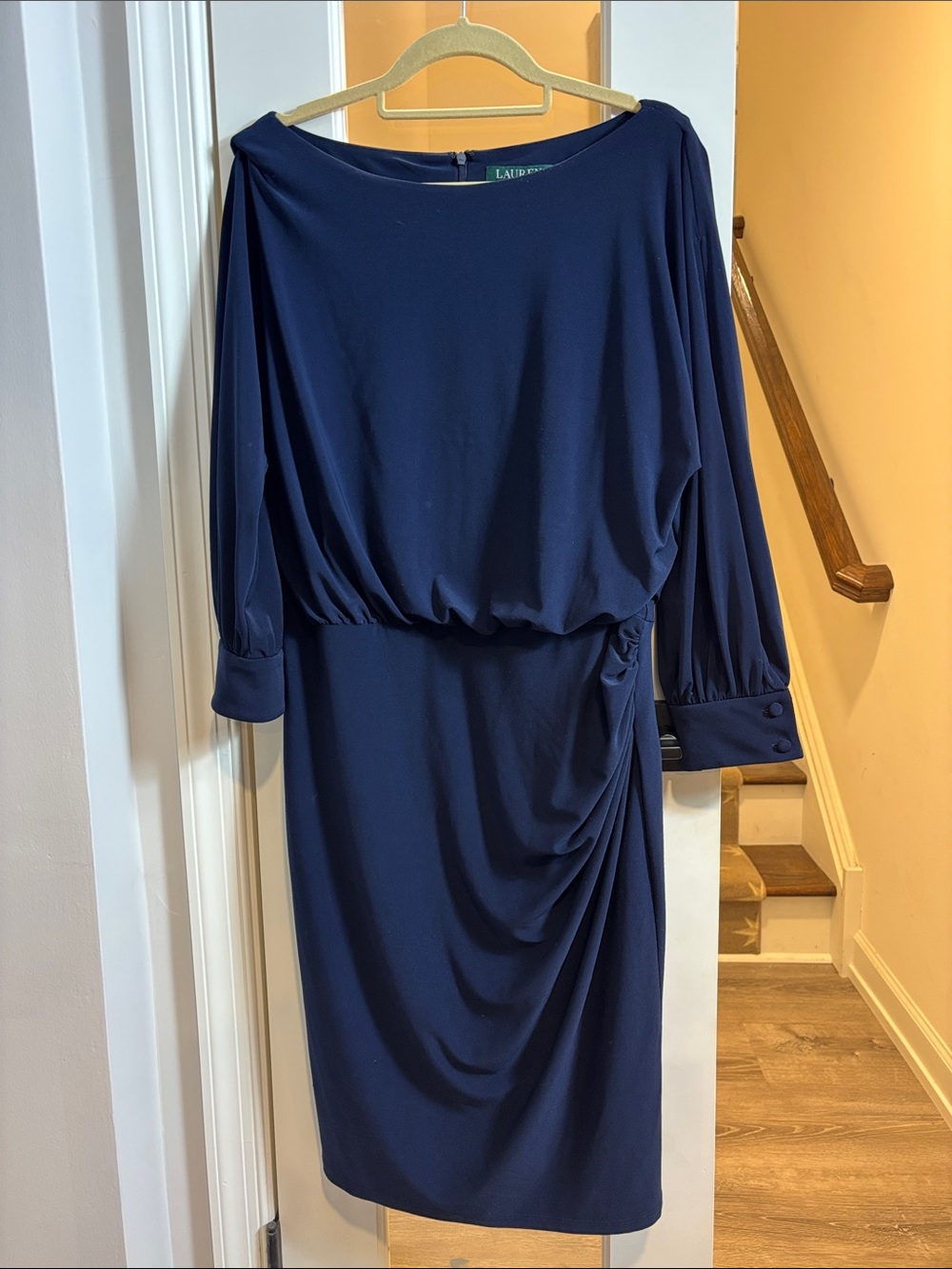 Ralph Lauren Navy Boatneck Draped Sheath Dress